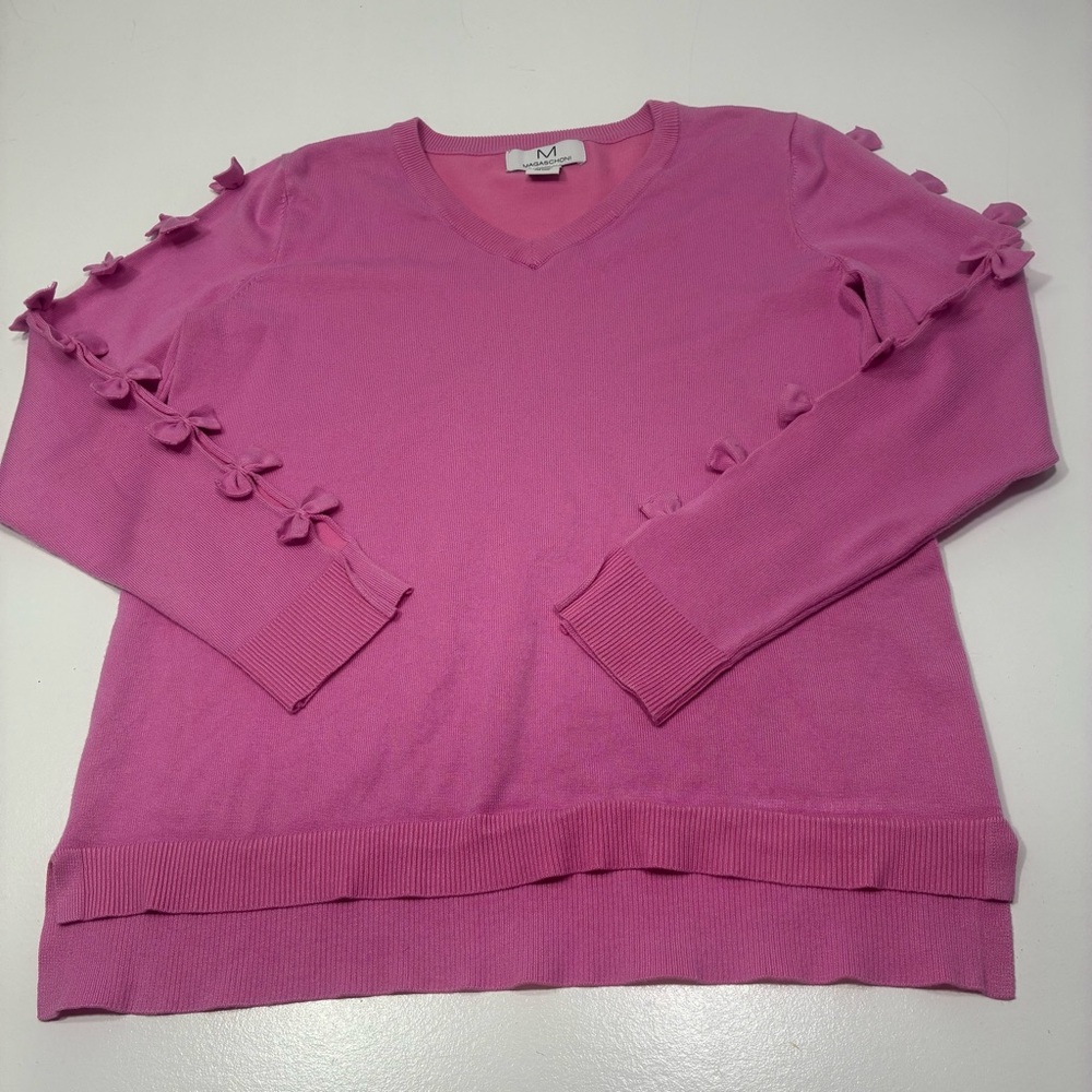 Magaschoni Women's Sweater Size Large Pink V-Neck with Sleeve‎ Bows Crewneck